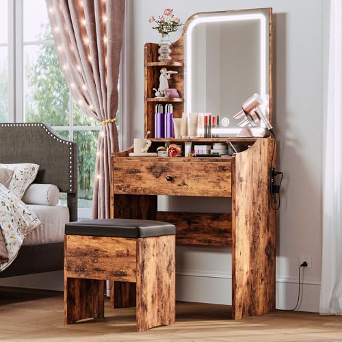 LIKIMIO Small Makeup Vanity Desk with Mirror and Lights, Vanity Table Set with Storage Drawer, Chair and Three Shelves, Bedroom, Vintage Brown - color: Vintage Brown