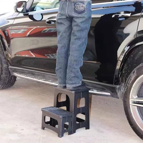 2-Step Folding Stool, Non-Slip Folding Step Stool Plastic Steps Ladder, Portable Bedside Step Stool, Hold up to 300 lbs, Lightweight & Foldable Step Ladder for Kitchen Toilet Office Home RV-Black