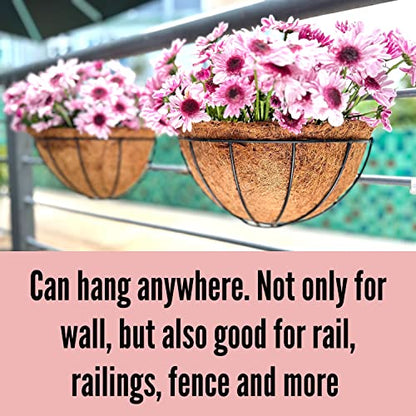 LaLaGreen Wall Hanging Planters (12 Inch, 2 Pack) Wall Mounted Flower Baskets with Coco Liner, Metal Iron Wire Plant Holder for Outdoor Window Box Herb Outside Fence Railing Deck Porch Balcony Garden