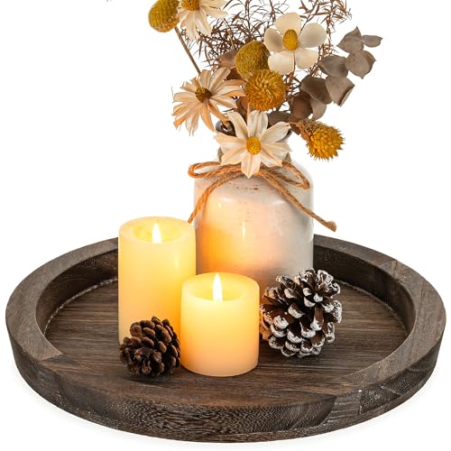 Hanobe Wooden Tray for Coffee Table: Candle Holder Plate Round Decorative Serving Tray - Vintage Table Centerpiece Rustic Farmhouse Home Decor - color: Distressed