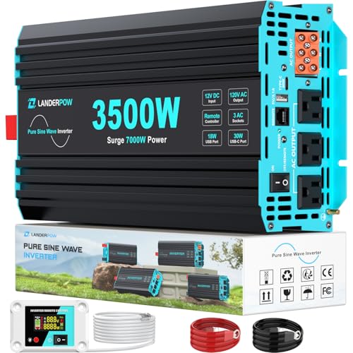 Pure Sine Wave 3500W Power Inverter 12V DC to 120V AC for RV, Truck, Home, Off-Grid, Solar, Inverter with 3 AC Outlet, 30W USB-C, 5V 3.1A USB, Hardwire Port, 15FT Remote Control, Surge 7000W - color: Black+Blue, size: 12V-3500W Pure Sine Wave Inverter