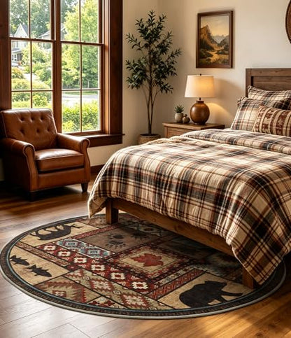 YIHOUSE Rustic Round Rug 6ft, Washable Circle Area Rug with Non-Slip Backing, Low Pile Soft Western Cabin Rugs for Living Room, Bedroom - color: Brown, size: 6' (Round)