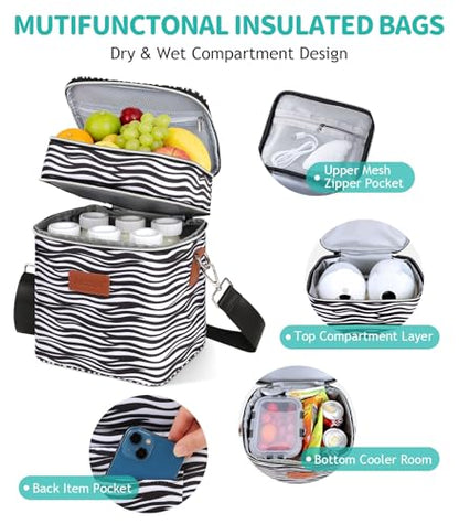 PIIOSER Breastmilk Cooler Bag with Ice Pack, Fits 6 Baby Bottles Up to 9 Oz, Stylish Baby Cooler Travel Bags with Shoulder Strap, Double Deck & Leakproof for Nursing & Working Moms(Zebra Printed) - color: Zebra
