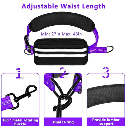 Hands Free Dog Leash with Zipper Pouch, Running Waist Leash for Dog Walking, Adjustable Waist Belt for Large Dogs, Reflective Bungee Design with Two Handle for Hiking, Training, Purple - color: Purple