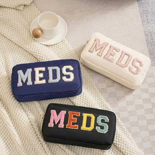 Chenille Letter Patch Nylon Medicine Packages,Cute MEDS Travel Makeup Bag with Metal Zipper, First Aid Purse Organizer Cosmetic Bag for Women and Girls(02Light Blue) - color: 02Light Blue