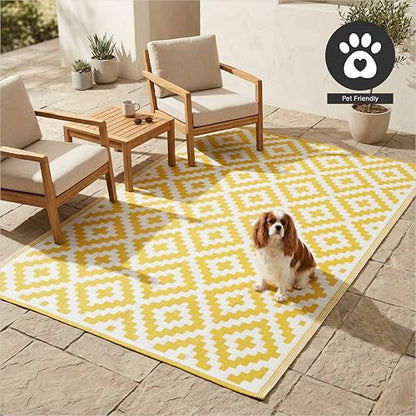 FH Home Outdoor Rug - Waterproof, Fade Resistant, Reversible - Premium Recycled Plastic - Geometric - Large Patio, Deck, Sunroom, Camping, RV - Aztec - Yellow & White Crease Free - 6 x 9 ft - color: Aztec - Yellow & White, size: 6' x 9' (Rectangular)