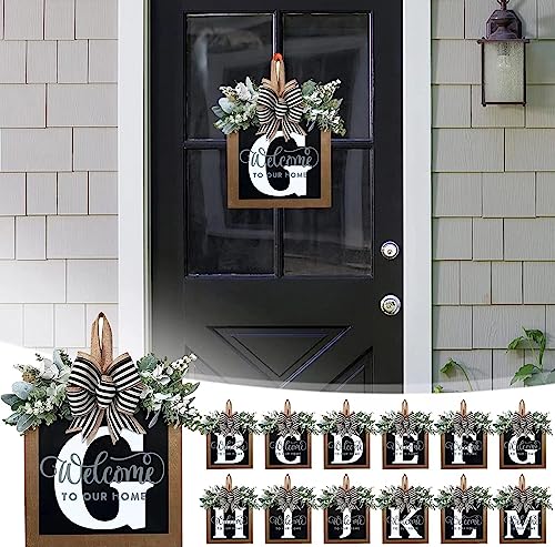 Last Name All Year Round Front Door Wreath with 26 Initial Letter Welcome Sign All Seasons Eucalyptus Garland and Bow ，Farmhouse, Porch, for Spring Summer Fall All Seasons Holiday Halloween Christmas.（G） - color: G