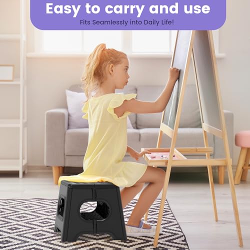 HBTower Folding Step Stool 9 Inch - Holds 600 lb, Non-Slip Surface & Carry Handle - Sturdy Step Stool for Kids, Toddlers & Adults - Compact Foldable Foot Stool for Kitchen, Bathroom, Bedroom, Outdoor - color: Black