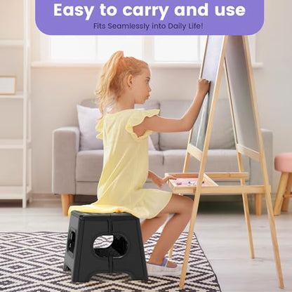 HBTower Folding Step Stool 9 Inch - Holds 600 lb, Non-Slip Surface & Carry Handle - Sturdy Step Stool for Kids, Toddlers & Adults - Compact Foldable Foot Stool for Kitchen, Bathroom, Bedroom, Outdoor - color: Black
