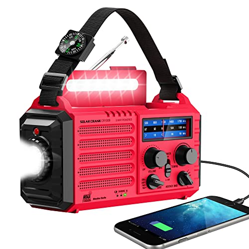 Emergency Weather Radio Solar Hand Crank Battery Operated Portable AM FM Shortwave Radio with NOAA Alert, Flashlight, Reading Lamp, Cellphone Charger,Earphone Jack, SOS Alarm for Home Outdoor Survival - color: Red