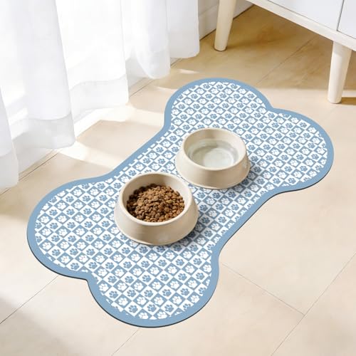 Pet Mats for Food and Water, Blue Bone Dog Food Mat for Floors, Non Slip Indoor Quick Dry Cat Bowl Feeding Mats (16.9” X29.9”) - color: Blue Bone L