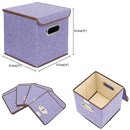 Storage Bin [Set of 4] Linen Fabric Foldable Container with Lid, Collapsible Organizer Boxes Cubes – 10 x 10 x 10 Inches (Purple) - color: Purple