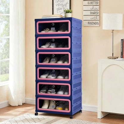SAYMA Foldable Shoe Rack Organizer, Collapsible Shoe Cabinet with Magnetic Clear Door, Large Plastic Folding Shoe Cabinet, Easy Assembly Shoe Shelves Organizer for Entryway, 6 Tiers-12Pairs - size: 6 Tiers Blue & Pink