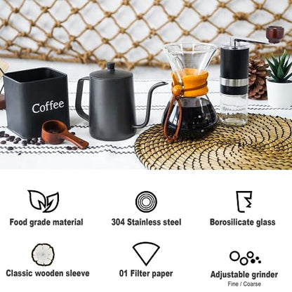 SOTECH Pour Over Coffee Maker Set Portable Pour Over Set-Manual Coffee Grinder Heatproof Glass Coffee Dripper for Traveling Camping - color: dark