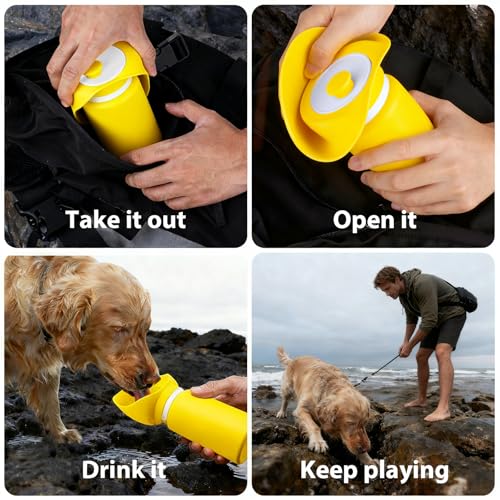Jalopink Portable Dog Water Bottle, 2-in-1 Leak Proof & Collapsible Silicone Pet Dispenser with Built-in Bowl, Food Grade Travel Cup for Walking, Hiking (19oz/550ml, Yellow) - color: Yellow