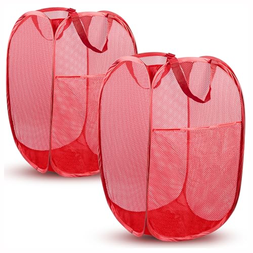 DUCOO Pop Up Laundry Hamper, 70L Collapsible Mesh Laundry Basket with Side Pocket, Foldable Dirty Clothes Hamper with Sturdy Reinforced Handles for Home Dorm Bedroom Travel Storage, Red, 2Pack - color: 2 PCS Red