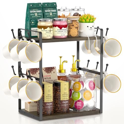 EsLuker.ly Coffee Station Bar Organizer Mug Holder Stand Countertop, 2 Tier Mug Cup Tree Rack for Kitchen Office, Storage Shelf with 12 Hooks, Creat Stylish Coffee Corner, Brown-Black - color: Brown + Black