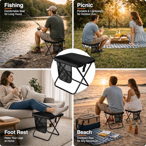 Foldable Stool with Carrying Bag,Compact Folding Chair with Shoulder Strap, Lightweight Outdoor Seat for Fishing, Camping, Hiking, Garden, Beach, Sports Games, Festivals (Black) - color: Black