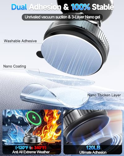 for MagSafe Car Mount Charger, 15W Fast Charging Magnetic Wireless Car Charger, Vacuum Magnetic Phone Holder [120LBS Ultra Suction Cup & 3000gf Magnet ] 780° Dashboard Car Bracket for iPhone & Android
