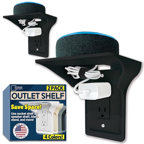 Power Perch Outlet Shelf Organizer for Alexa Echo Dot, HomePod Mini Speakers, Phone - Wall Outlet Holder with Cord Storage Strap - Socket Shelf Bathroom Kitchen Counter Charging Station - Black 2 Pack - color: Black, size: Single Outlet 2 Pack