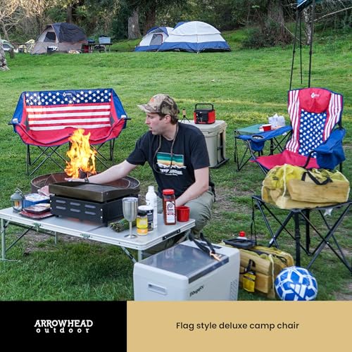 ARROWHEAD OUTDOOR Portable Deluxe Folding Camp Quad Chair w/Headrest, Glass & Cup Holders, Armest 6-can Cooler, Heavy Duty Carry Bag, 550 lbs Weight Capacity - color: Us Flag