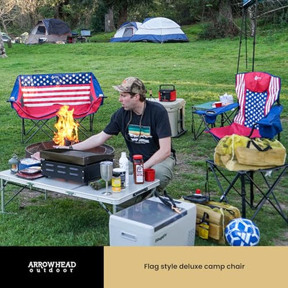 ARROWHEAD OUTDOOR 2-Pack Portable Deluxe Folding Camp Quad Chair w/Headrest, Glass & Cup Holders, Armest 6-can Cooler, Heavy Duty Carry Bag, 550 lbs Weight Capacity - color: Us Flag 2pack