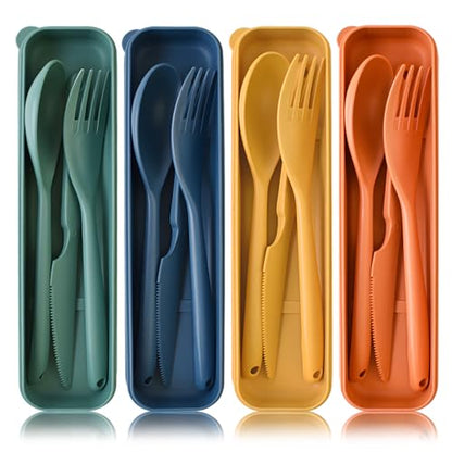 Zoyiancy 4 Sets Large Utensils Set with Case, Reusable Travel Cutlery Set | Spoon Knife Fork Lunch Box, Wheat Straw, Portable Easy To Carry, Dishwasher Safe, Office School Camping Travel Daily Use - color: Large,4 colors