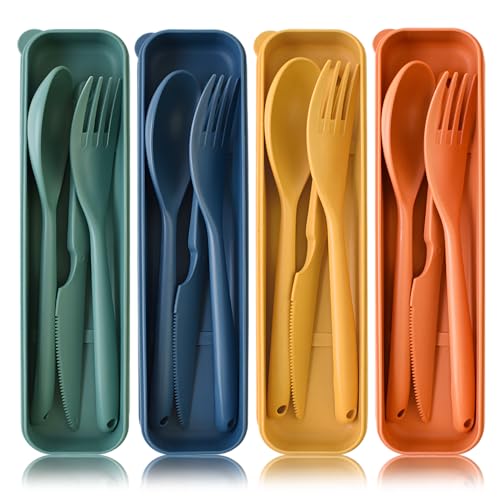 Zoyiancy 4 Sets Large Utensils Set with Case, Reusable Travel Cutlery Set | Spoon Knife Fork Lunch Box, Wheat Straw, Portable Easy To Carry, Dishwasher Safe, Office School Camping Travel Daily Use - color: Large,4 colors