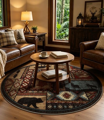 YIHOUSE Rustic Round Rug 4ft, Washable Circle Rug with Non-Slip Backing, Low Pile Soft Western Cabin Rugs for Living Room, Bedroom - color: Brown, size: 4' (Round)