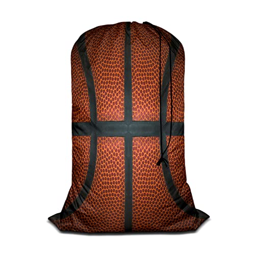 Swono Basketball Large Dirty Clothes Laundry Bag for Laundry Basket Hamper, Ball Leather Game Sports Machine Washable Dirty Clothes Organizer, Oxford Cloth, Black Red Orange - color: Basketball
