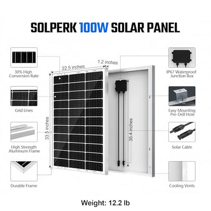SOLPERK 100 Watt Solar Panel 12 Volt, 100W Solar Panel High-Efficiency Monocrystalline Solar Panels for Home, RV, Camping, Marine, Rooftop, Off-Grid Applications - size: 100W Single Panel