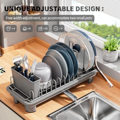 SanDream Small Dish Drying Rack with Removable Utensil Holder & Anti-Scratch Base - Stainless Steel Dish Rack, Dish Drying Rack with Drainage & Space Saving Design for Kitchen Counter, Gray - color: Gray