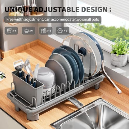 SanDream Small Dish Drying Rack with Removable Utensil Holder & Anti-Scratch Base - Stainless Steel Dish Rack, Dish Drying Rack with Drainage & Space Saving Design for Kitchen Counter, Gray - color: Gray