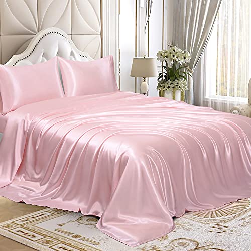 Homiest 3pcs Satin Sheets Set Luxury Silky Satin Bedding Set with Deep Pocket, 1 Fitted Sheet + 1 Flat Sheet + 1 Pillowcase (Twin XL Size, Blush Pink) - color: Blush Pink, size: Deep pocket - Twin XL size