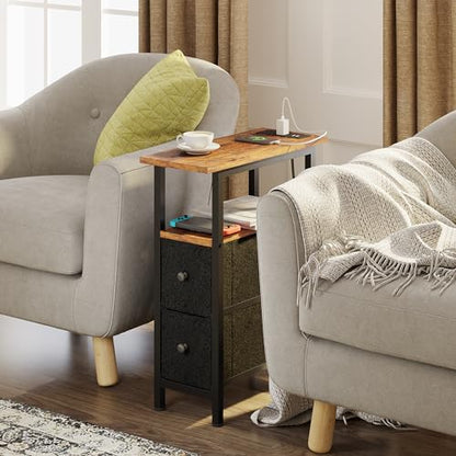TRIFEBLE End Table with Charging Station, Narrow Side Table with 2 Fabric Drawers, Skinny Nightstand with LED Light, Slim Bedside Table for Bedroom, Living Room, Small Spaces, Rustic Brown and Black - color: Rustic Brown + Black