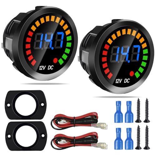 2PCS Waterproof DC 12V Voltage Meter, LED Digital Display Voltmeter Gauge Panel, Round Battery Monitor with Mounting Plate & Wires & Terminals, for Marine Car Vehicle Motorcycle Truck Boat RV ATV UTV - color: Deep black, size: 2P