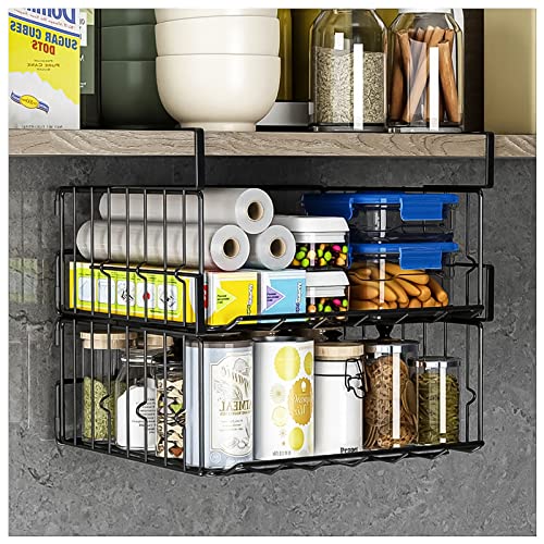 Under Shelf Basket Storage 2Pack - 11.8in Metal Under Cabinet Shelf, Hanging Wire Basket Shelves, Undershelf Storage Basket for Kitchen Pantry Bookshelf - color: Black