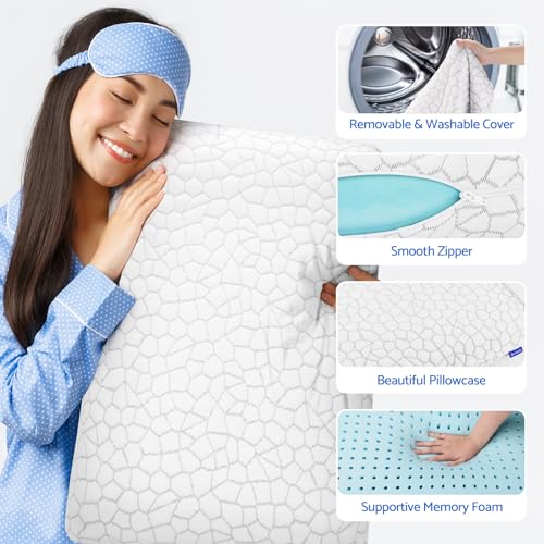 CushZone Memory Foam Pillows for Sleeping, Bed Pillow with Removable and Machine Washable Cover, Bed Pillow for Side, Neck Pillow, Back and Stomach Sleepers, Standard Size (1 Pack) - size: Standard Size