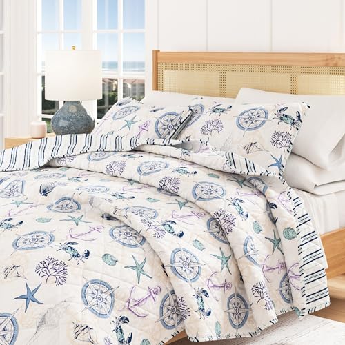 Great Bay Home Coastal Quilt Set - 3-Piece Full/Queen Size Blue Nautical Bedding Set - Lightweight, All-Season, Reversible Bedspread (Nautical Motif) - color: Nautical Motif, size: Full / Queen