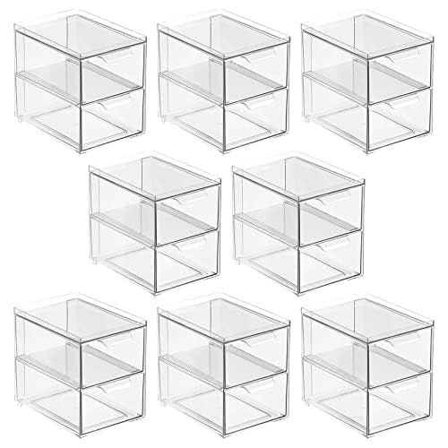 mDesign Stackable Storage Containers Box with 2 Pull-Out Drawers - Stacking Plastic Drawer Bins for Master or Guest Bathroom, Linen Closet, Vanity, or Makeup Table - Lumiere Collection - 8 Pack, Clear - size: 8 x 6 x 7 (Pack of 8)