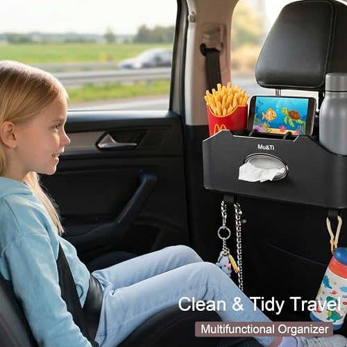 Mu&Ti Back Seat Car Organizer,4+2 in 1 Multifunctional Car Back Seat Storage Box with 2 Cup Holders, Tissue Box and Hook - Ideal for Kids and Travel(Beige) - style: Car Storage Box（beige）