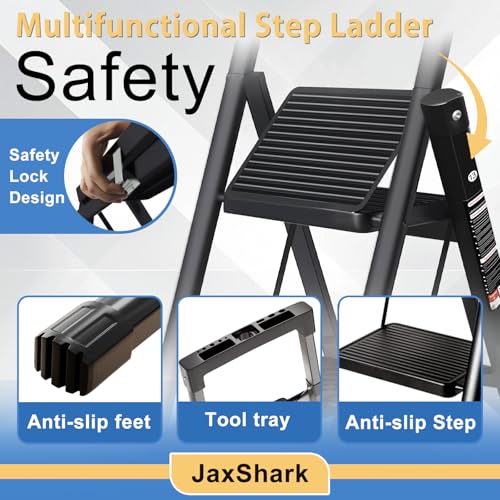 3 Step Ladder with Handrail Folding Step Stool with Tool Tray | 500LBS Capacity Sturdy Carbon Steel Frame Anti-Slip Stripe Pedal for Home Kitchen Garage (black-3step) - color: Black-tool, size: 3 step