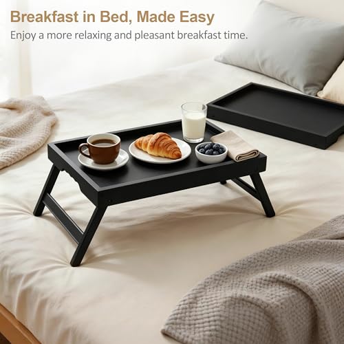 Large Breakfast Tray with Folding Legs Set of 2, 16.9" x 12.2" Bamboo Bed Tray Table with Ergonomic Wave Handles, Foldable TV Dinner Tray for Bed Couch Sofa, Breakfast, Laptop, Coffee, Black - color: Black, size: Large