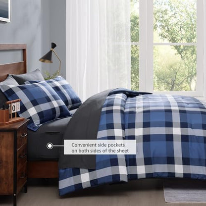 MaiRêve Queen Size Plaid Comforter Set Indigo Blue, Classic Checkered 7 Pieces Farmhouse Bedding Set, All Season Lightweight Bed in A Bag with Sheets, Pillowcases & Shams - color: Indigo Blue, size: Queen