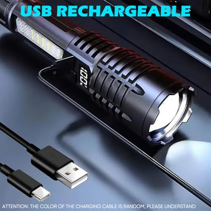 Rechargeable Flashlights with Side Light & Digital Power Display, Bright LED Flashlight with Warning Lights, 5 Modes & Waterproof for Emergency, Camping, Hiking and Home - color: Black
