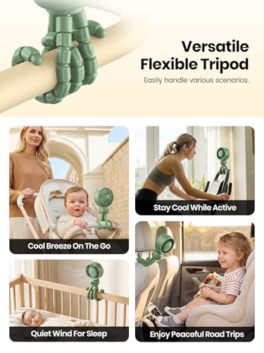 Warmco Portable Stroller Fan, 4000mAh Rechargeable Clip On Fan with Flexible Tripod (Up to 15H), 4 Speeds, LED Display, Detachable Grille, Quiet Operation, for Car Seat, Crib & Treadmill - color: Green