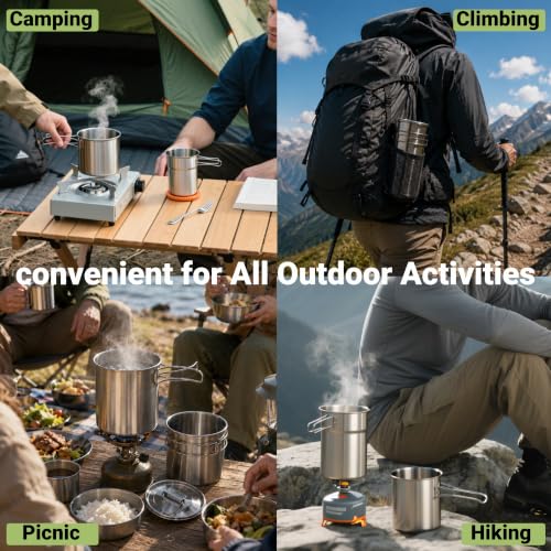 KOKKOYA Foldable Camping Cups Mugs Camping Pot Cookware 304-Food-Grade Outdoor Camp Cooking Set with Vented lid,Stainless Steel Backpacking Cookware for Hunting - color: silvery