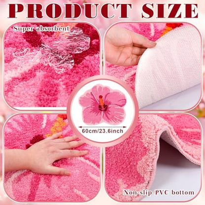 Drydiet Pink Flower Shower Mat Summer Hibiscus Bathroom Rug Flower Shape Shower Mat Door Cute Bath Tropical Summer Bathroom Decoration Non Slip Washable Bath Rug - style: Flowers