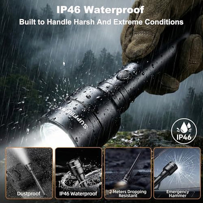 SuperFire Rechargeable Flashlight High Lumens 3000LM, Powerful LED Flashlight with 6 Modes, USB Charging, IP46 Waterproof, Long Runtime for Home Emergency, Outdoor Camping, Hiking&Tactical Use