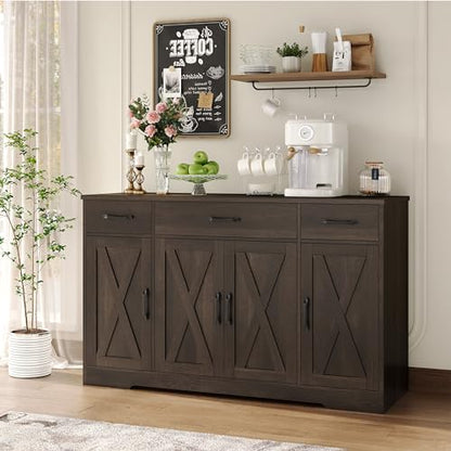 HOSTACK Buffet Cabinet with Drawers, 55" Large Sideboard Buffet Storage Cabinet with Shelves and Doors, Modern Farmhouse Coffee Bar Station Wood Kitchen Table for Kitchen, Dining Room, Dark Brown - color: Dark Brown